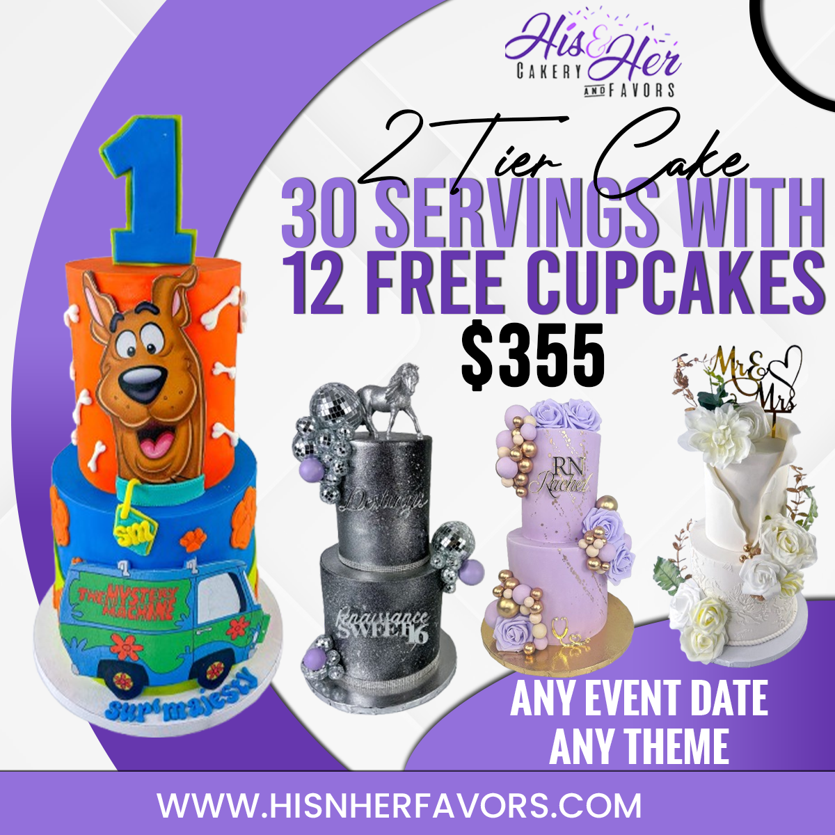 2 TIER CAKE ( 30 SERVINGS) & 12 FREE CUPCAKES