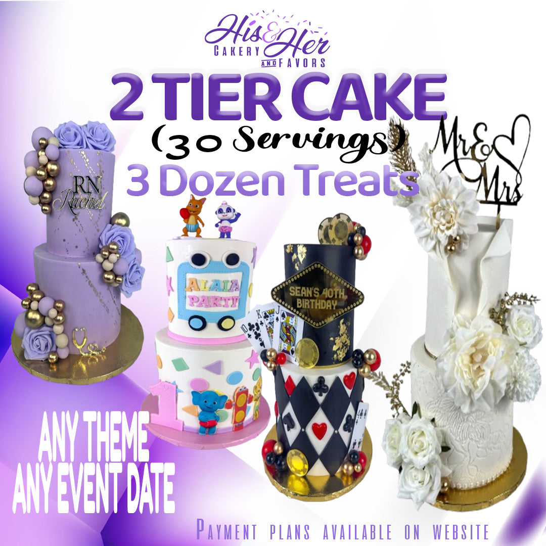 2 Tier Cake ( 30 SERVINGS) & 3 Dozen Treats ( FREESTYLE DESIGN)