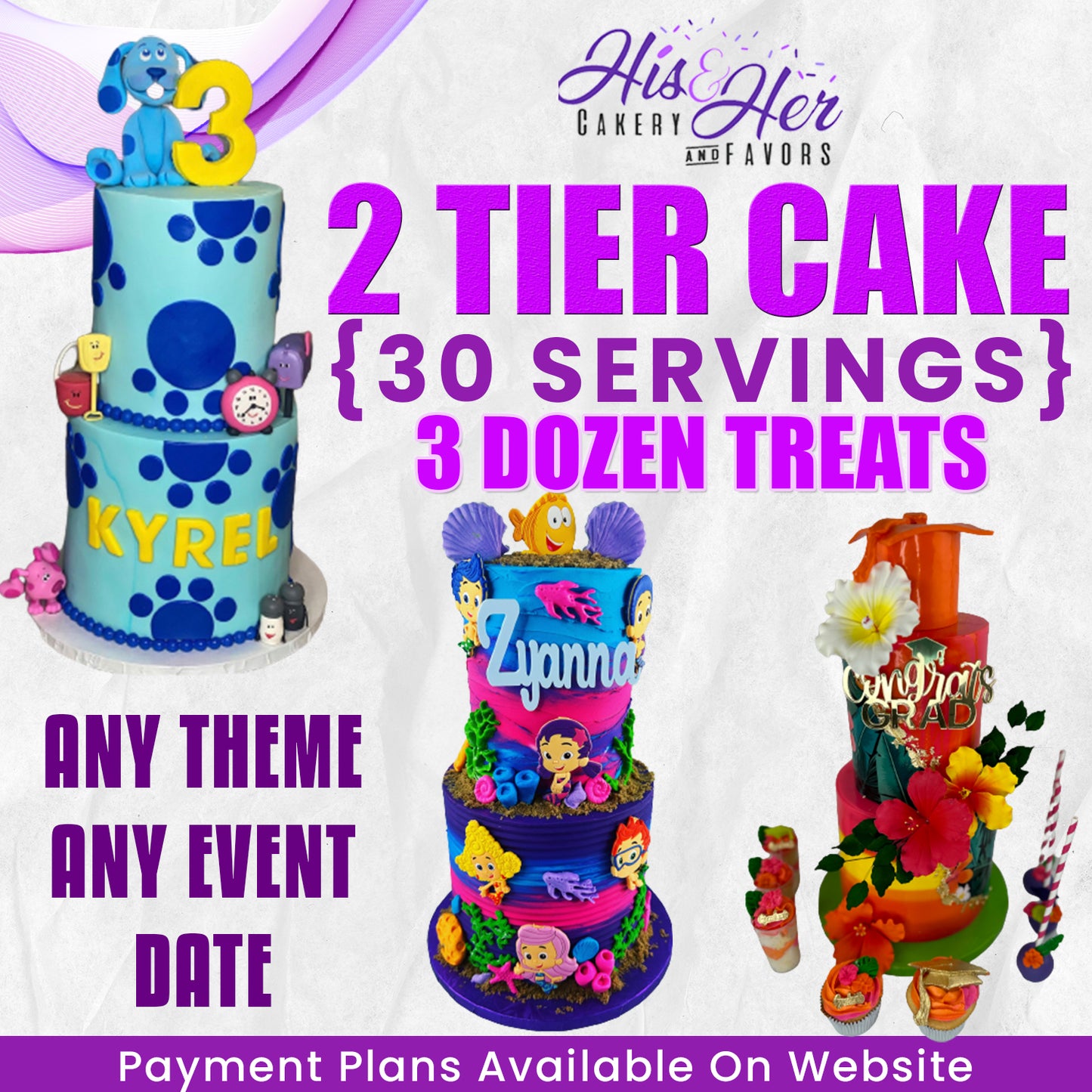 2 Tier Cake ( 30 SERVINGS) & 3 Dozen Treats ( FREESTYLE DESIGN)