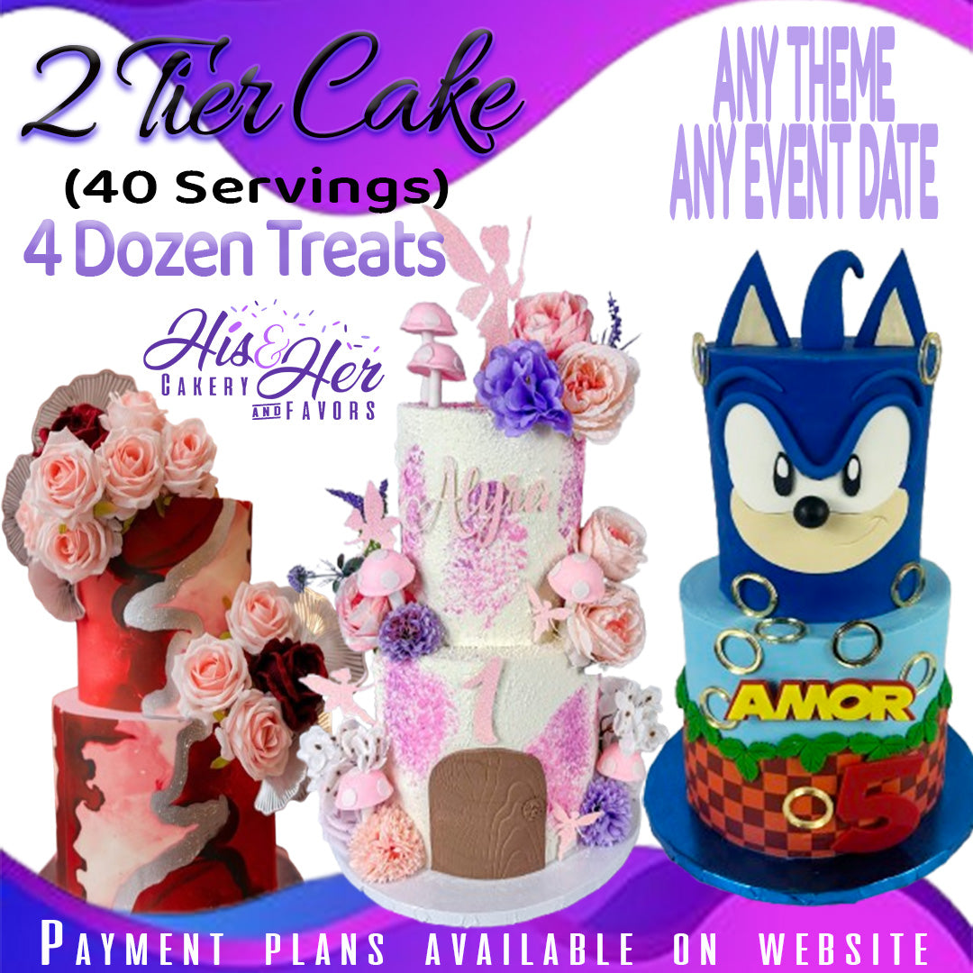 2 Tier Cake ( 40 SERVINGS)  & 4 Dozen Treats ( FREESTYLE DESIGN)