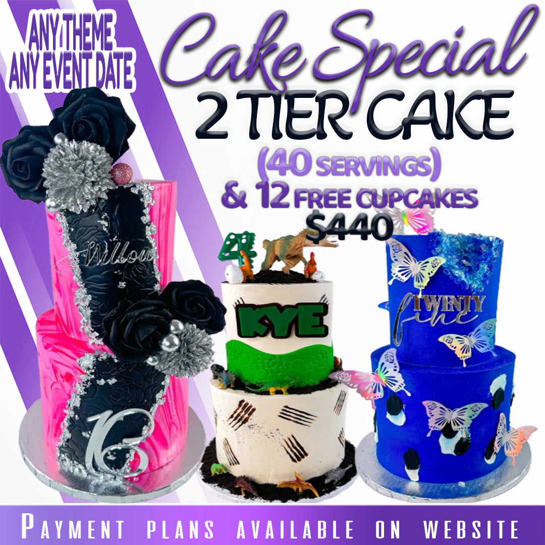 2 Tier Cake & 12 Free Cupcakes ( 40 Servings )