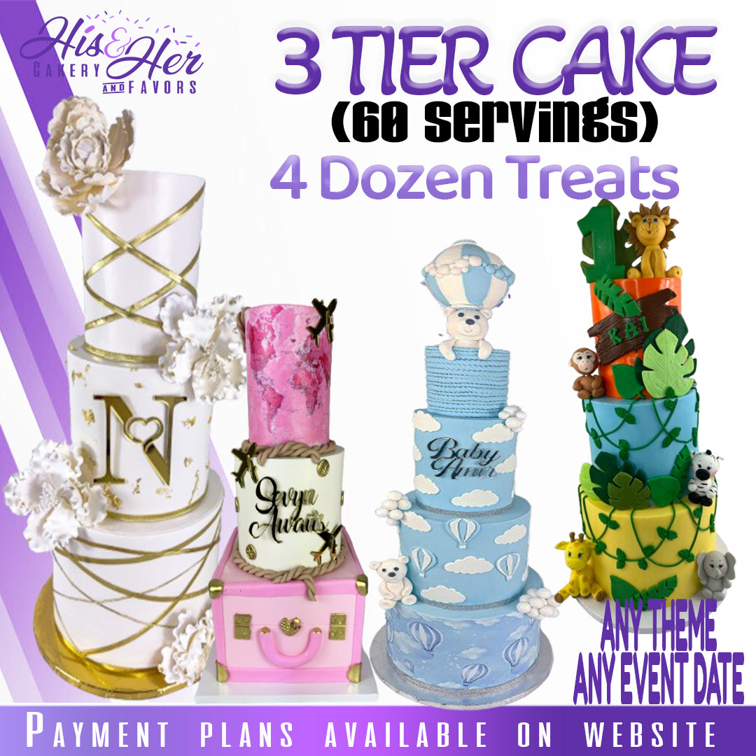 3 Tier Cake ( 55-60 SERVINGS ) & 4 Dozen Treats  ( FREESTYLE DESIGN)