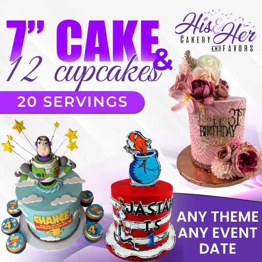 7" Cake ( 20 SERVINGS) With 12 Cupcakes ( FREESTYLE DESIGN)