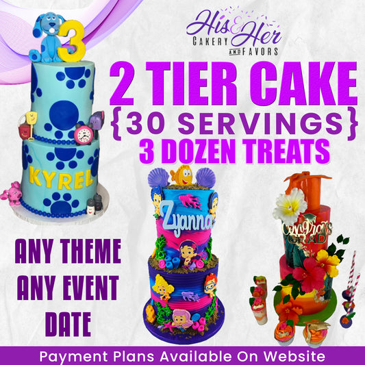 2 Tier Cake ( 30 SERVINGS)  & 3 Dozen Treats ( FREESTYLE DESIGN)