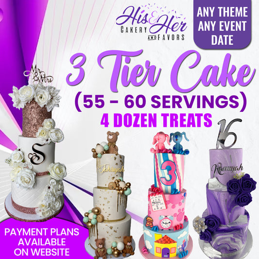 3 Tier Cake ( 55-60 SERVINGS ) & 4 Dozen Treats  ( FREESTYLE DESIGN)
