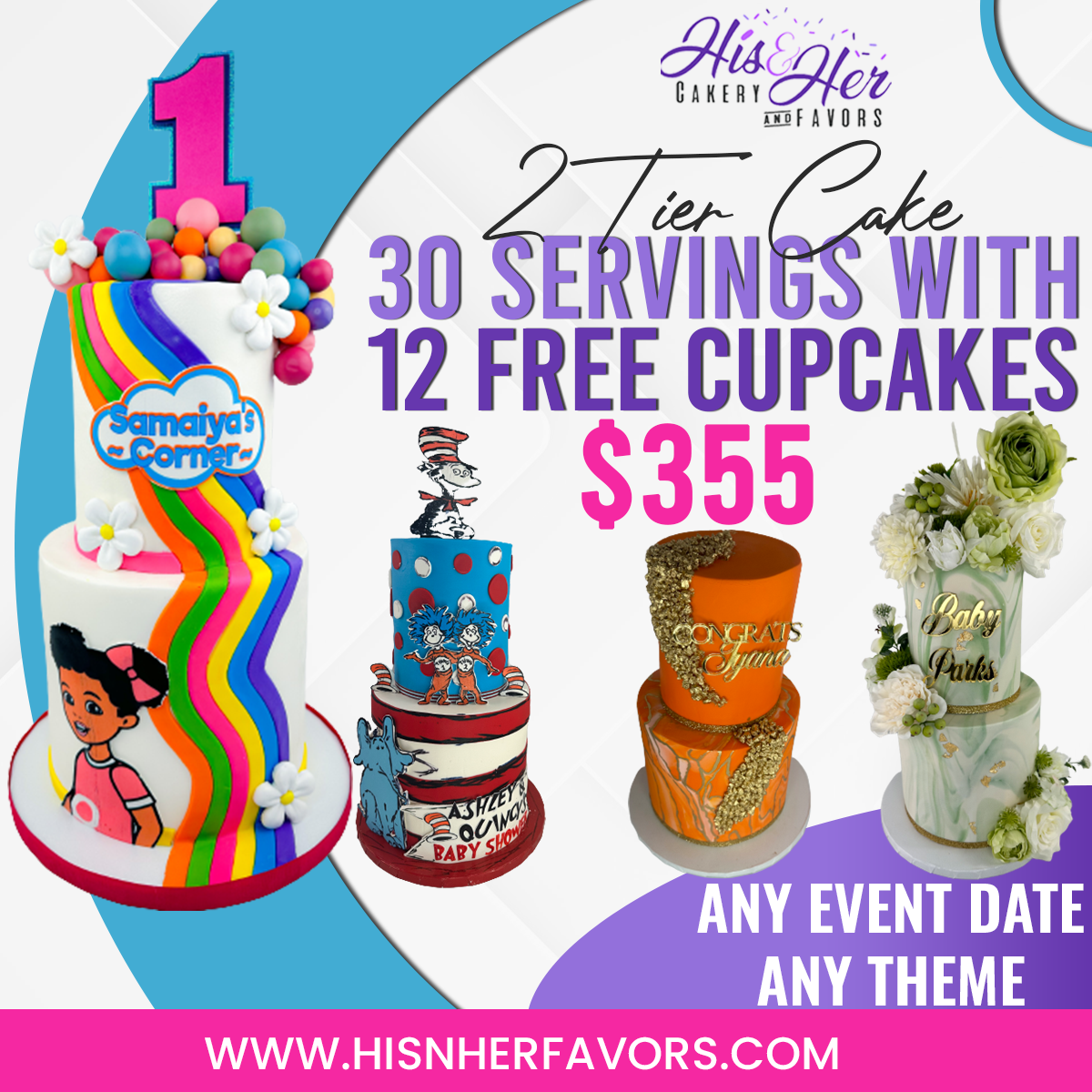 2 TIER CAKE ( 30 SERVINGS) & 12 FREE CUPCAKES * ANNIVERSARY  SALE